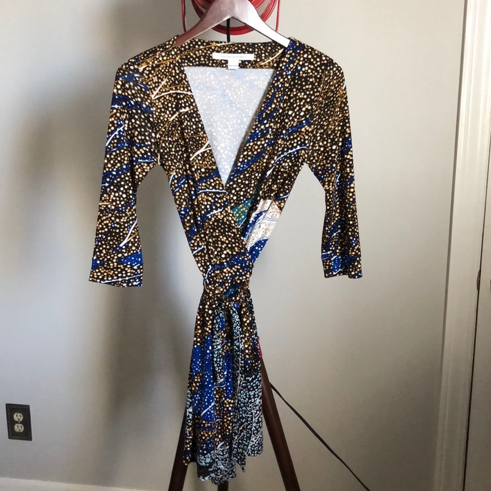 Diane Von Furstenberg Blue Black and Gold Dot-Print Wrap Midi Dress